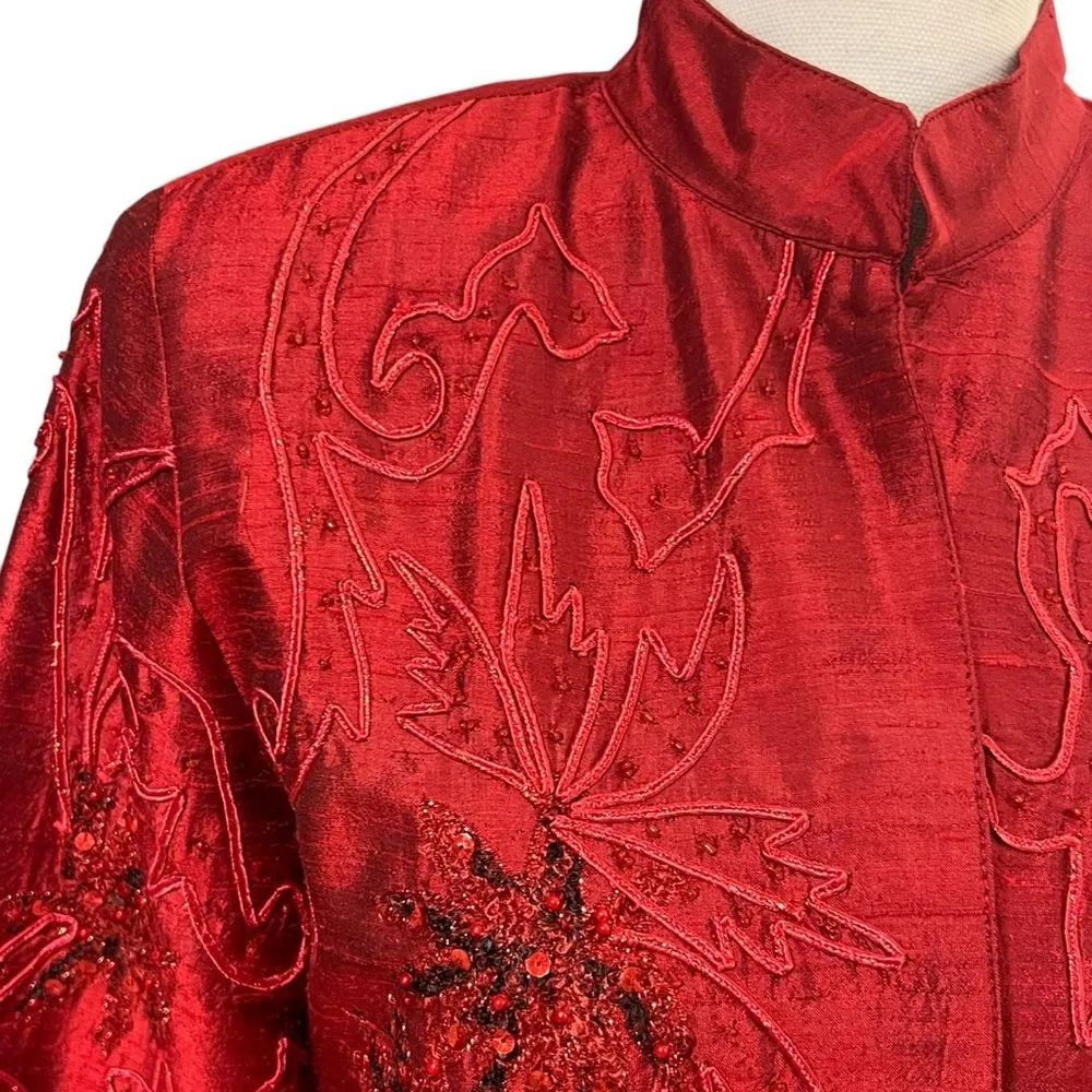 Vintage Anage Silk Kimono Jacket Sz S Christmas Beaded Embroidered Art to Wear Red - Image 2