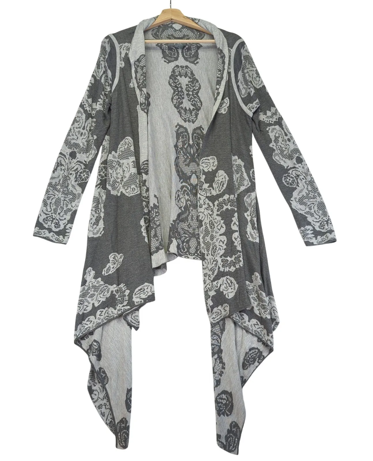 Neiman Marcus Gray Lace Print Waterfall Cardigan Sweater Duster Open Front Large - Image 1
