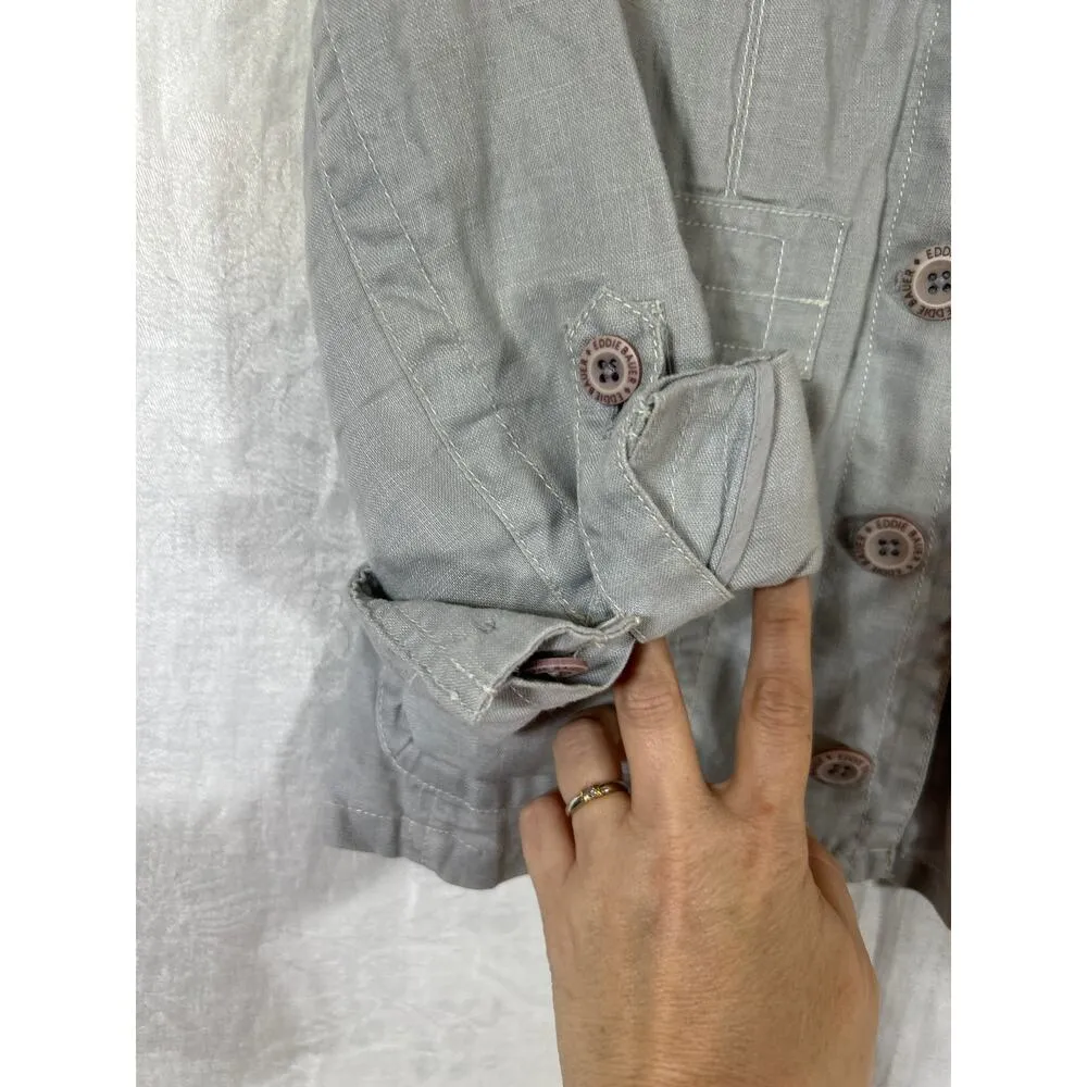 Eddie Bauer Jacket Small PETITE Gray 100% Linen Casual Patch Pockets Boxy - Image 2