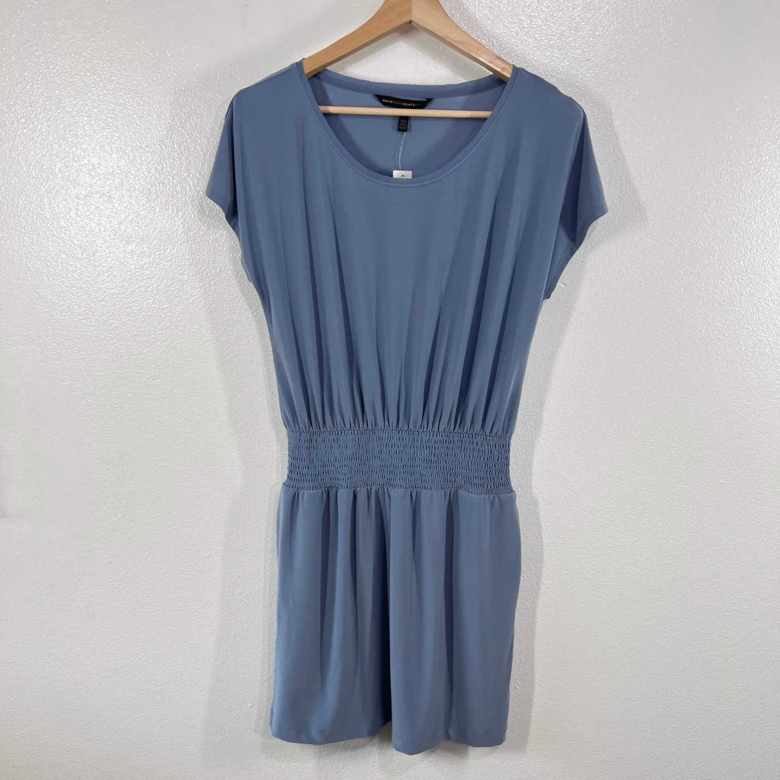 White House Black Market Light Blue Smocked Waist‎ Dress Small Cap Sleeves Midi - Image 2