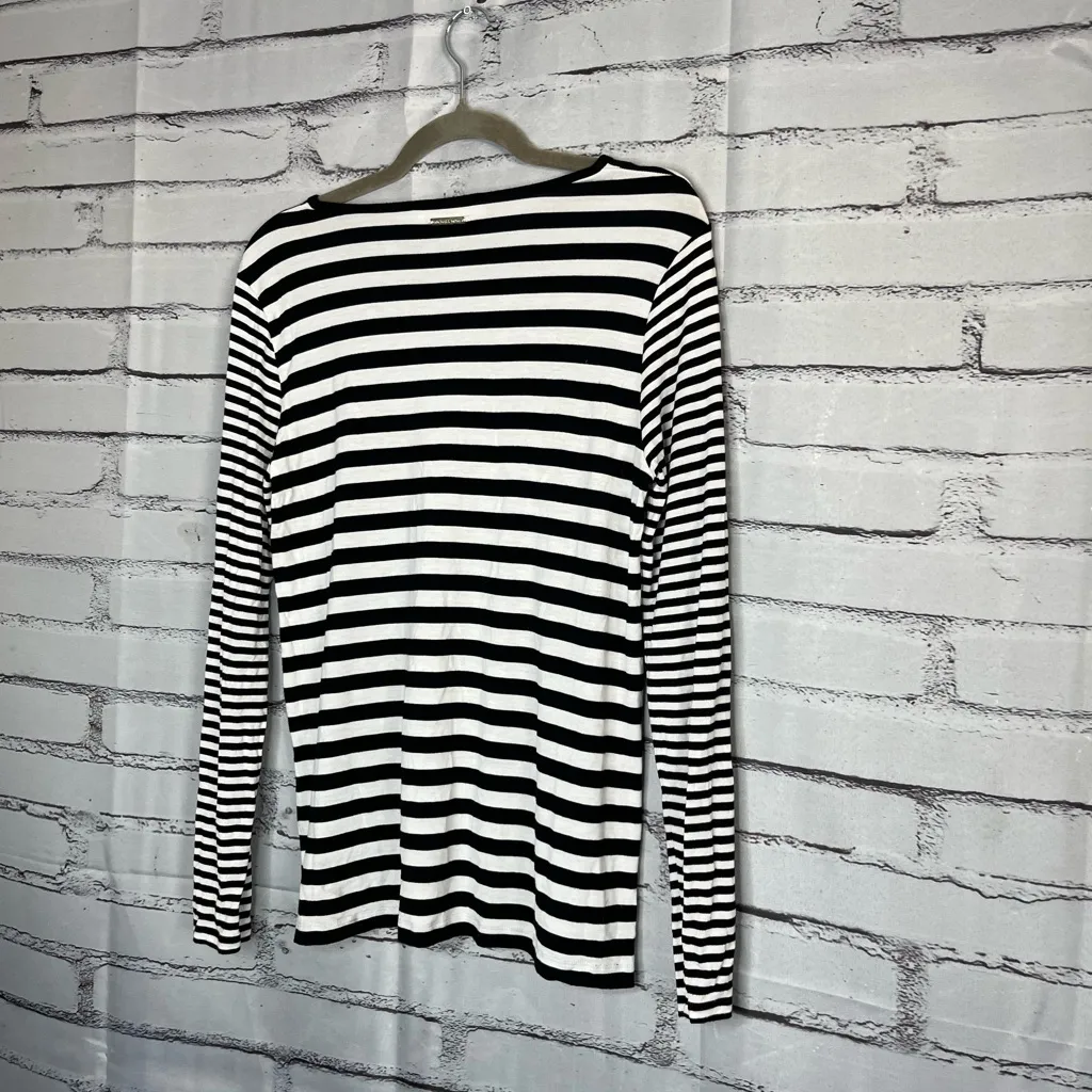 Michael Michael Kors Black & White Striped Long Sleeve Crew Top Women’s M Preppy - Image 9