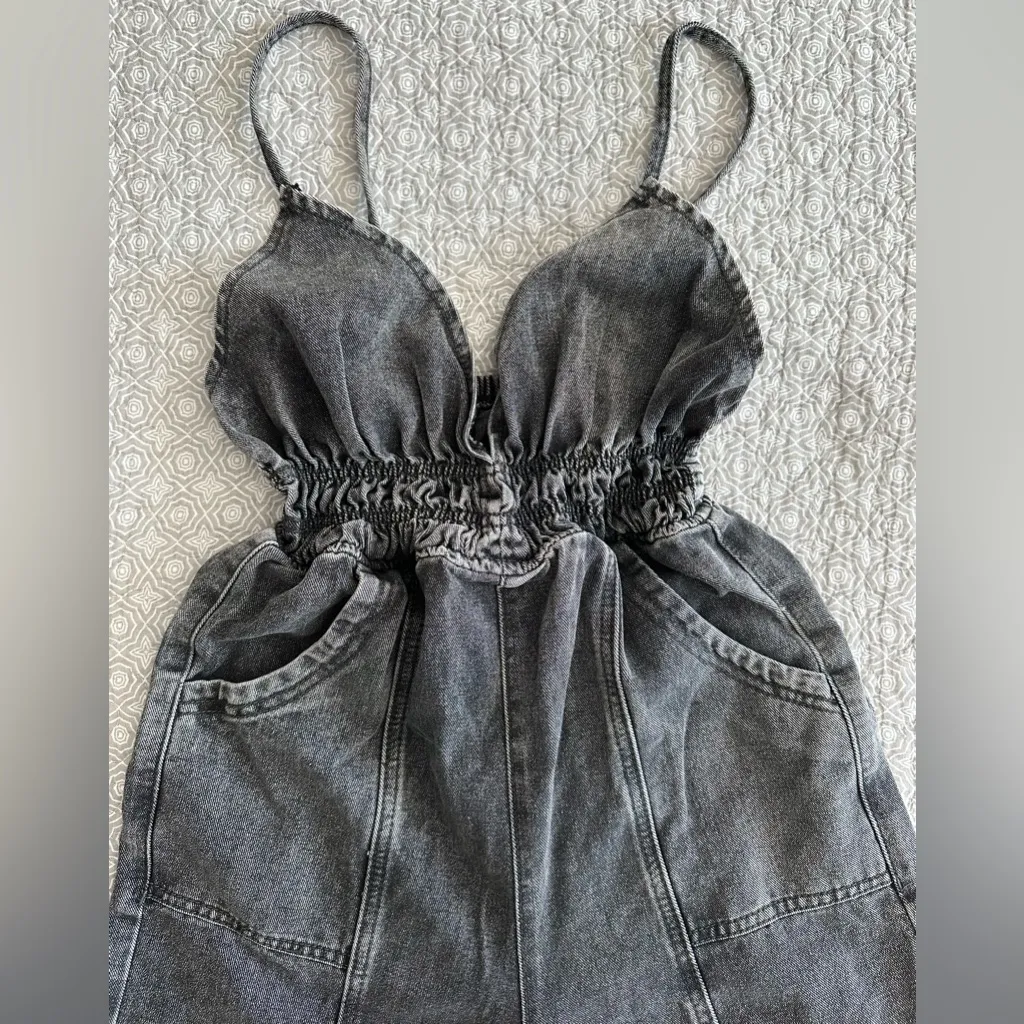 Black Denim Wide Leg Jumpsuit Spaghetti Straps V - Image 6