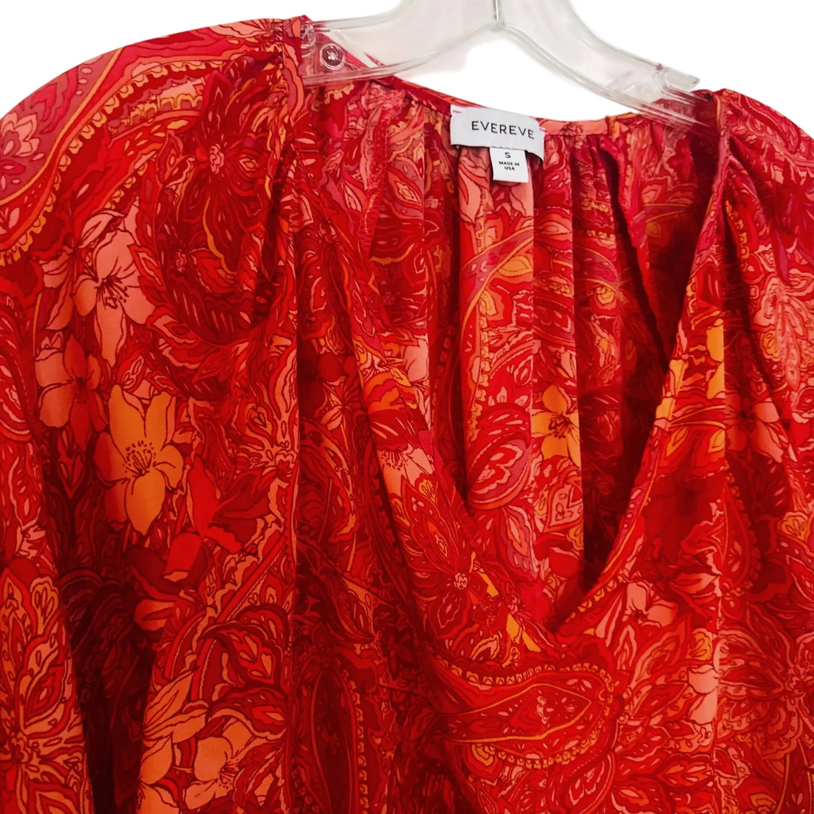 Evereve Floral Paisley Crepe V-Neck Blouse Women's Small‎ Coral Preppy Career - Image 3