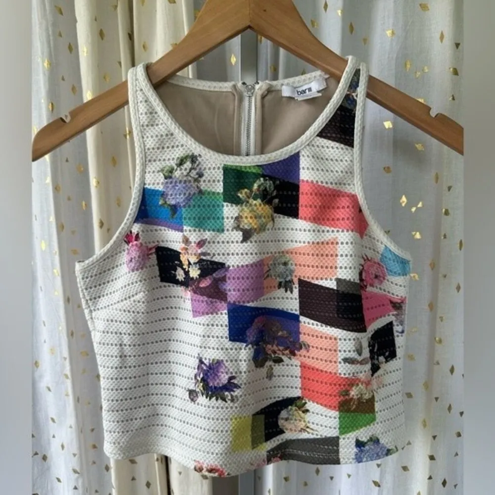 Bar III Y2K Floral Color Block Mod Artsy Retro Perforated Crop Tank Top XS - Image 3