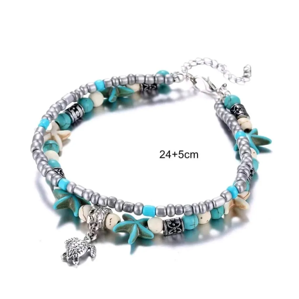 Beachy Starfish and Turtle‎ Charm Anklet Blue - Image 8