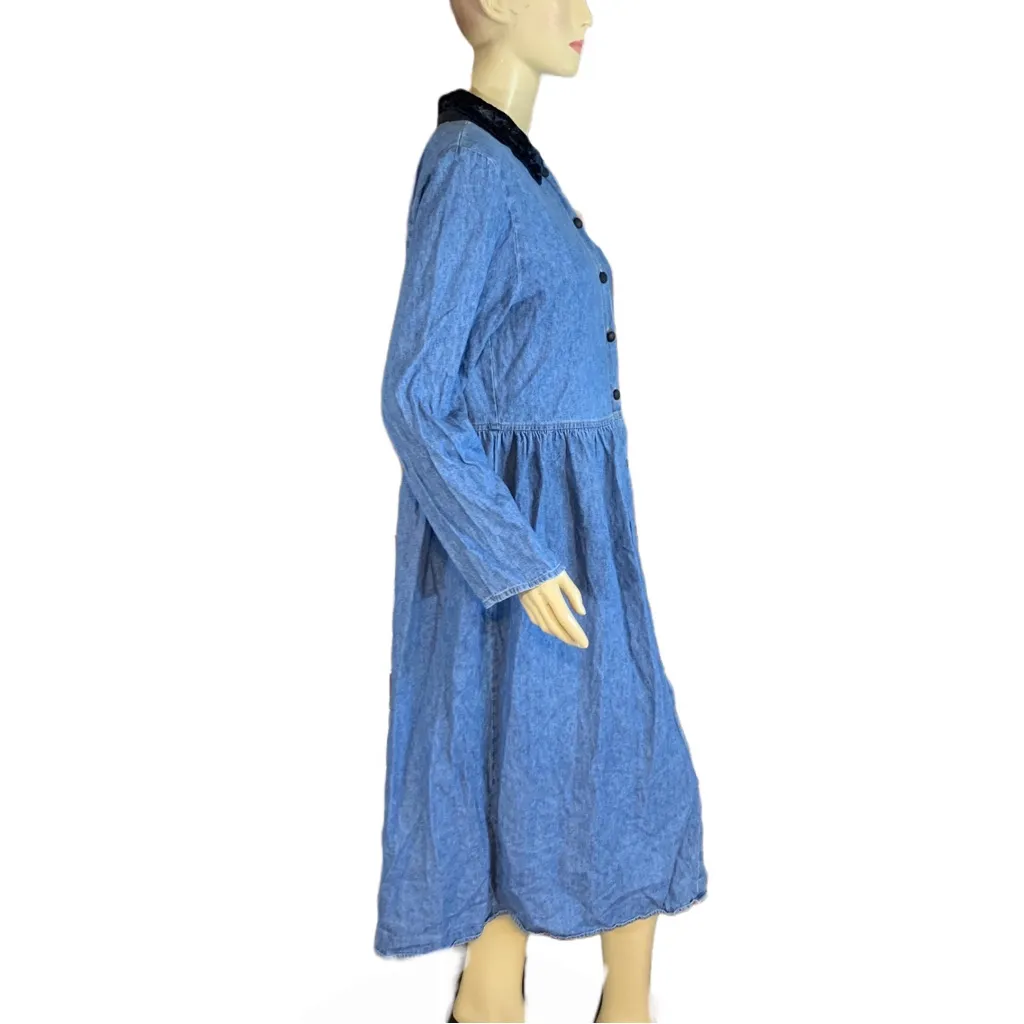 VINTAGE 1990'S YOU BABES DENIM COTTON BABY DOLL DRESS W/ VELOUR COLLAR (18) Blue - Image 6
