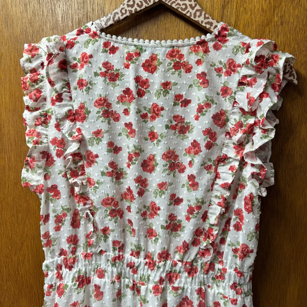 Zara Sleeveless Ruffle Swiss Dot Floral Print Long Midi Dress White Large L - Image 10