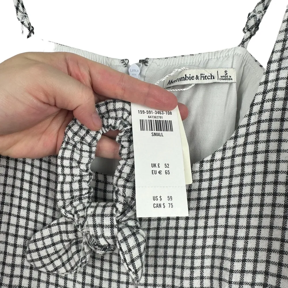 Sz S Black White Check Linen Blend Mini Dress w/ Hair Tie - Image 7