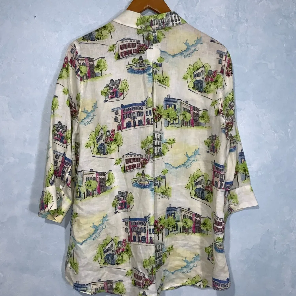 Chico’s No-Iron Linen Southern Charm-Print Button Down 3/4 Sleeve Shirt Tunic M - Image 9