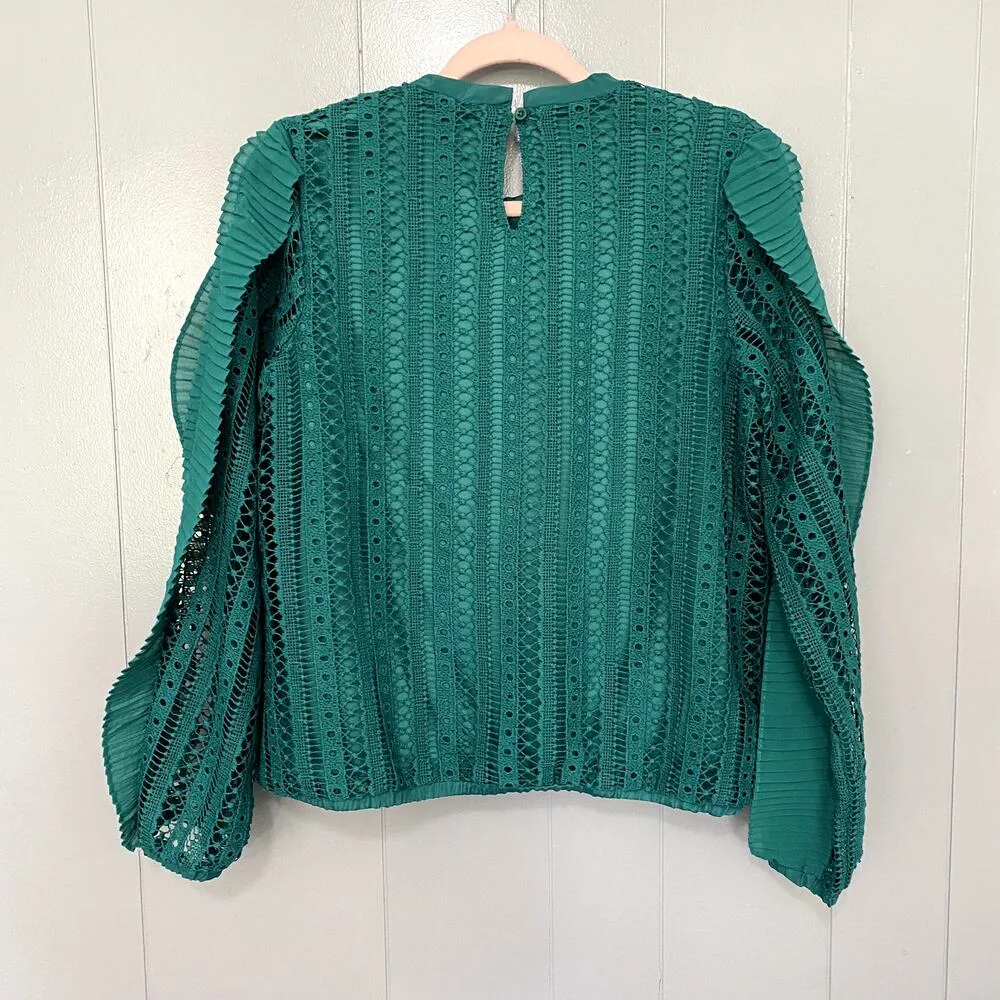 Calligraphy Forest Green Ruffle Pleated Lace Balloon Sleeves Crewneck Top M Size M - Image 6