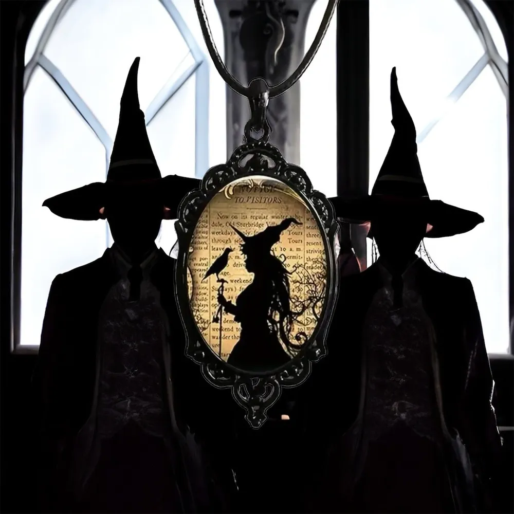 Witch And Raven Cameo Black Pendant, Vintage Style Gothic Crow Glass‎ Pedant - Image 9