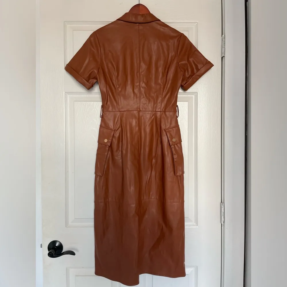 Woman Brown Faux Leather Short Sleeved Button-Up Midi Dress Sz XS - Image 5