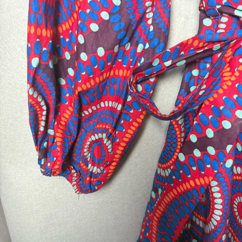 D’IYANU Women’s Anola African Print Dress Red Indigo Circles 100% Cotton size S Blue - Image 4