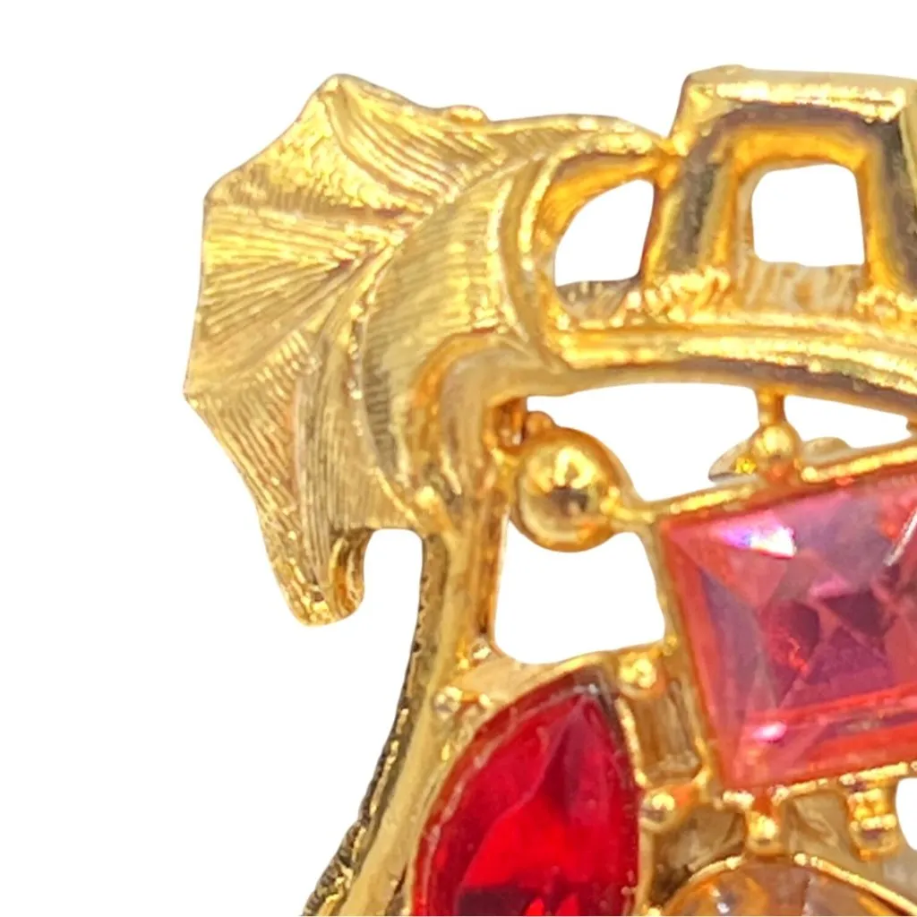 VTG Goldtone Bell Brooch Red Amber Rhinestones Holly Leaves Holiday Christmas Gold - Image 4