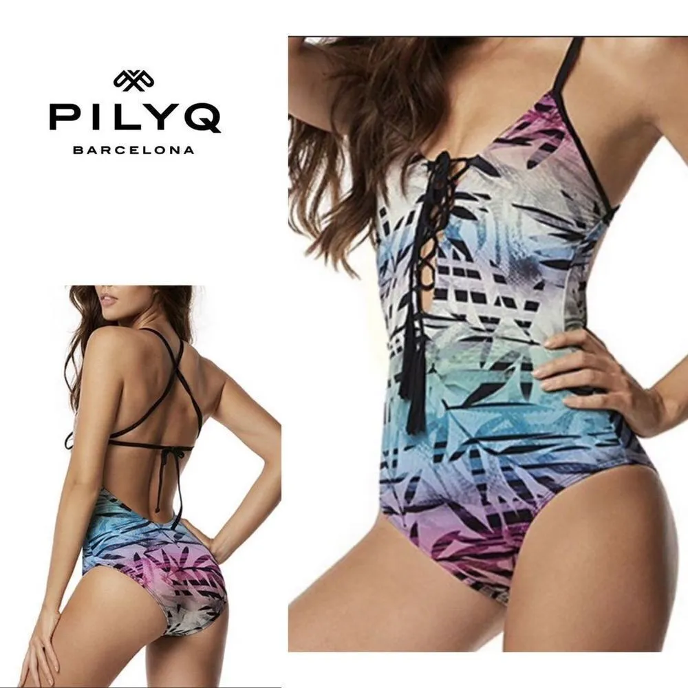 New. Pilyq lace up front multicolored bamboo print swimsuit. Normally $149 - Image 2