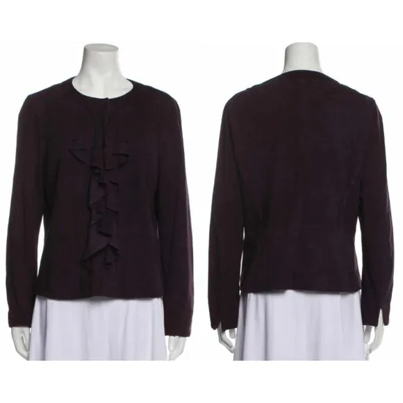 Lafayette 148 New York Ruffled Front Suede Leather Evening Jacket Blackberry 6 - Image 2