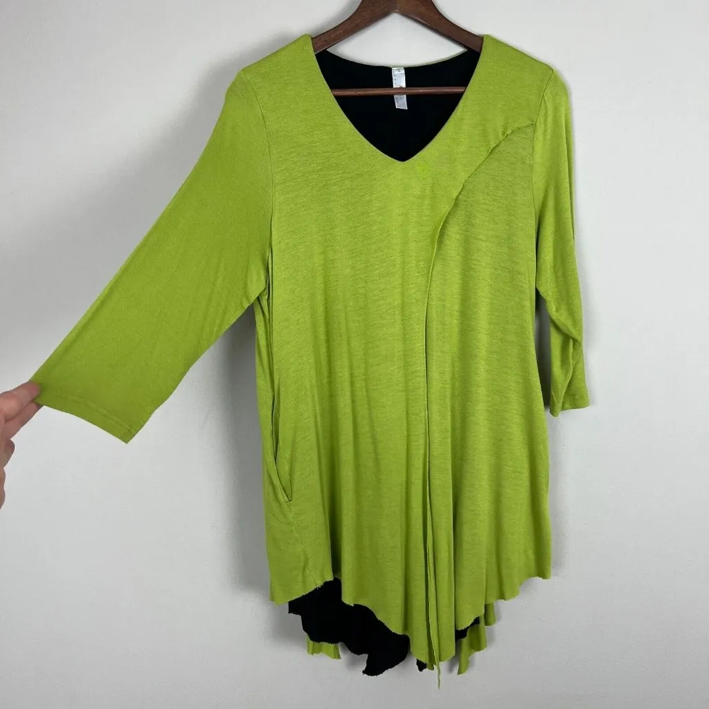 Aria Handmade Norma Tunic Top Womens Large Green Black Layered 3/4 Sleeve V-Neck - Image 3