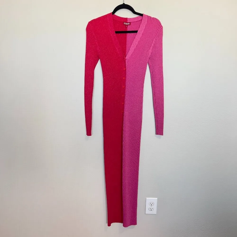 STAUD Shoko Two Tone Split Cardigan Dress Size Large Color Pink Red - Image 3