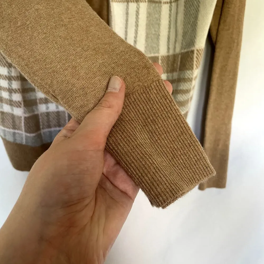 Merona brown knit cardigan button down plaid front preppy women's size L cotton - Image 4