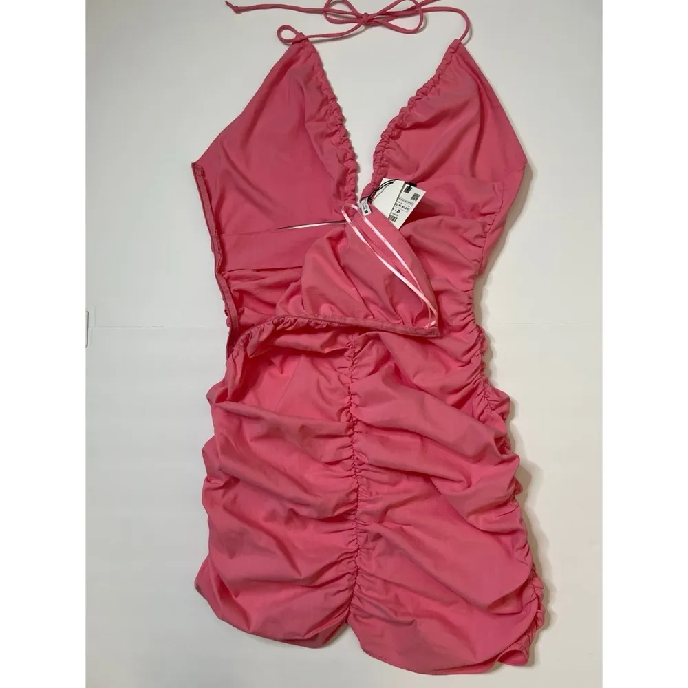 Zara Barbie Pink Ruched Cutout Halter Mini Dress Sz XL Women - Image 7