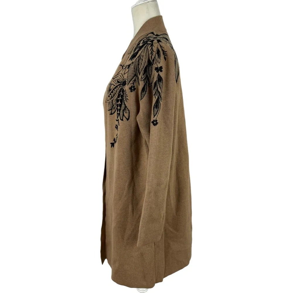 Chico's Floral Embroidered Sweater Long Duster Cardigan Jacket Tan Size Large - Image 9