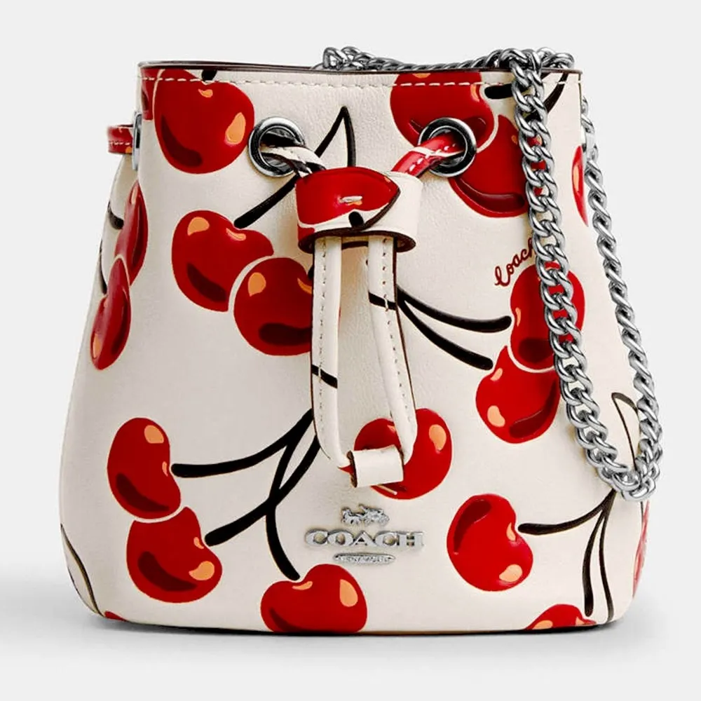 Drawstring Wristlet With Cherry Print - Novelty Leather/Silver/Chalk Multi - Image 3