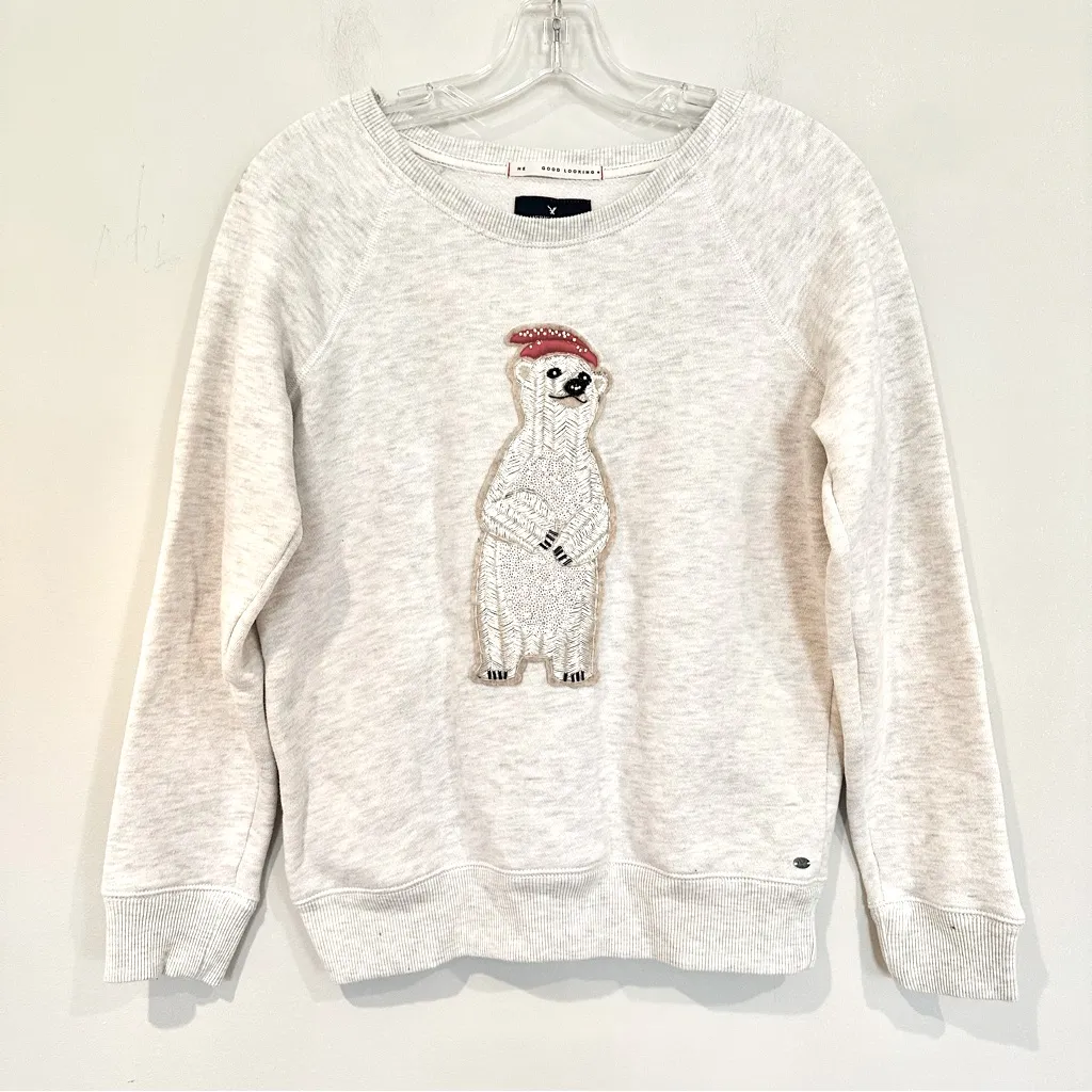 American Eagle Polar Bear‎ Embroidered Beaded Sweatshirt Women's Medium Cream - Image 2