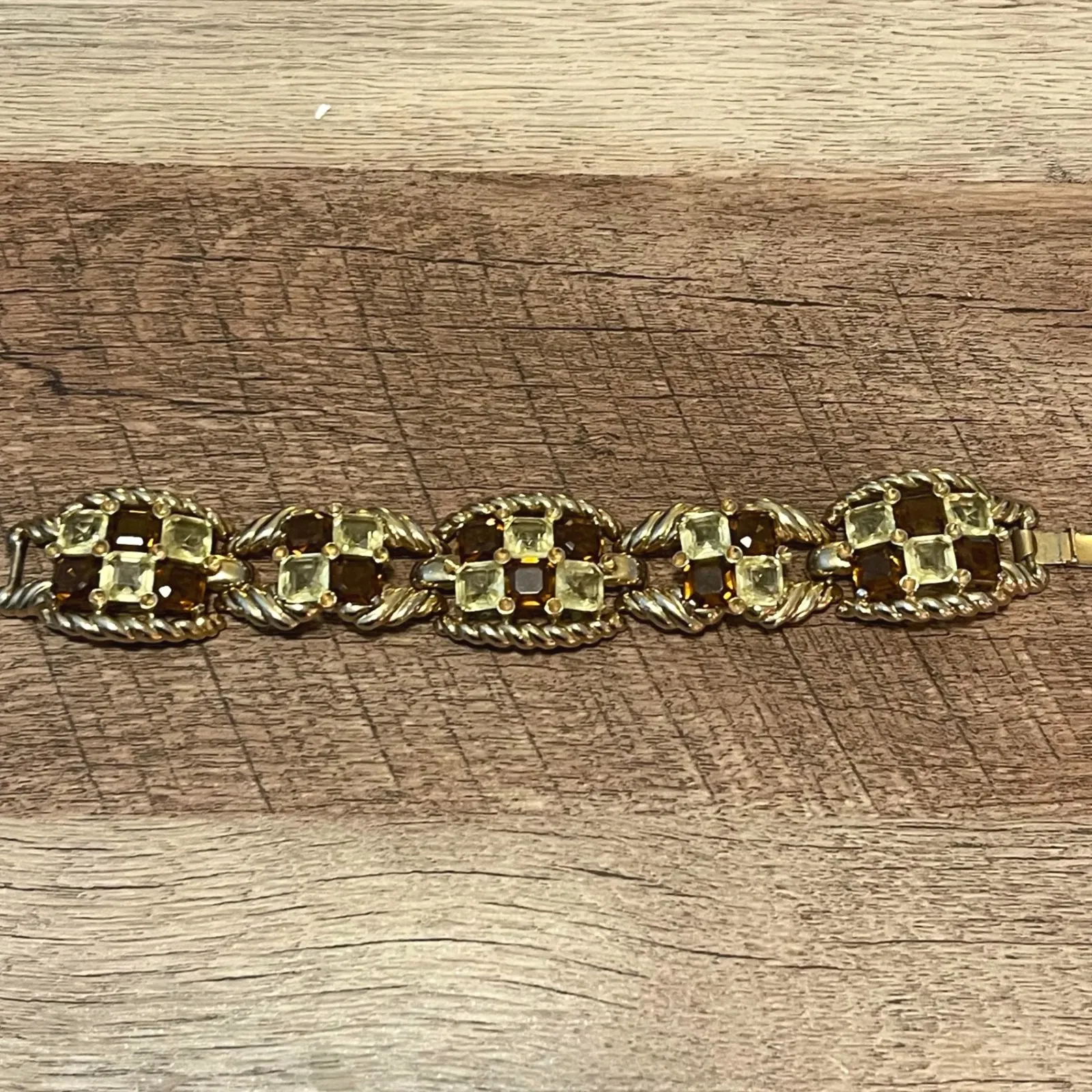 Vintage Gold Tone Chessboard Link Bracelet Amber Brown Crystal Stones Women's - Image 4