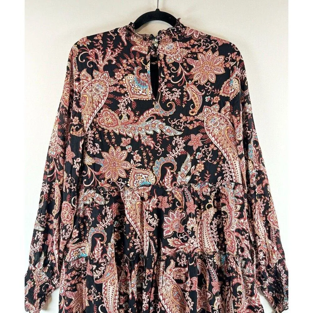 Anthropologie Womens Dress Brown Cady Tiered Tunic Paisley Puffed Boho Medium - Image 8