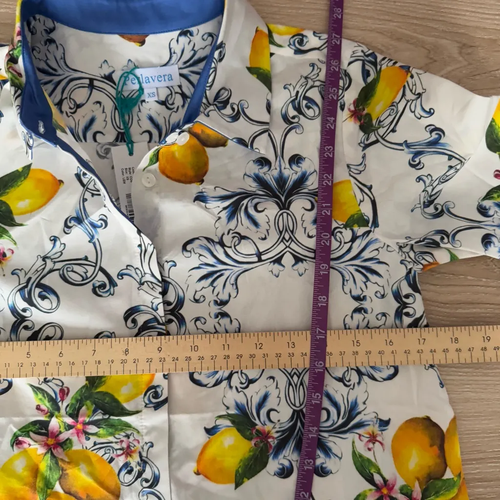 Perlavera XS NEW Lemon Print Button Up Long Sleeve Shirt Spring Preppy White Yellow - Image 5