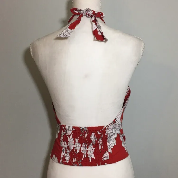 NWOT  Red White Floral Smocked Halter Top - Image 3
