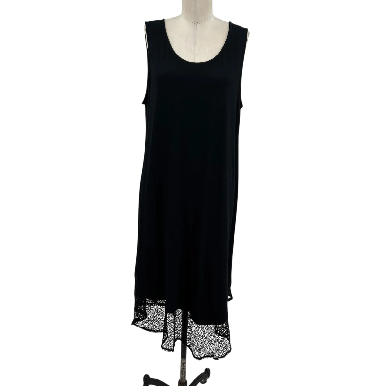 Eileen Fisher Jersey Tank Dress Contrast‎ Hem Crochet Knit Black Size XL - Image 3