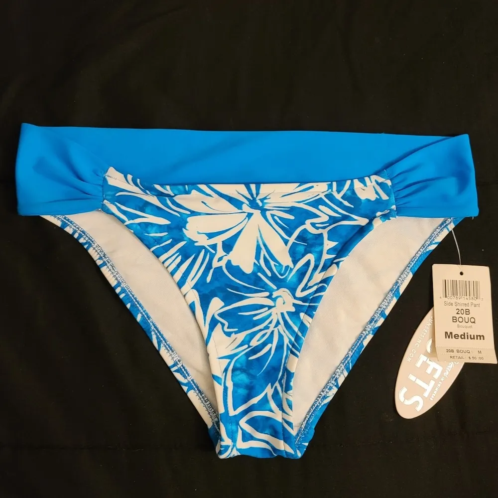 NWT! Sunsets Blue White Floral Side Shirred Pant Swim Bottoms M Size M - Image 2