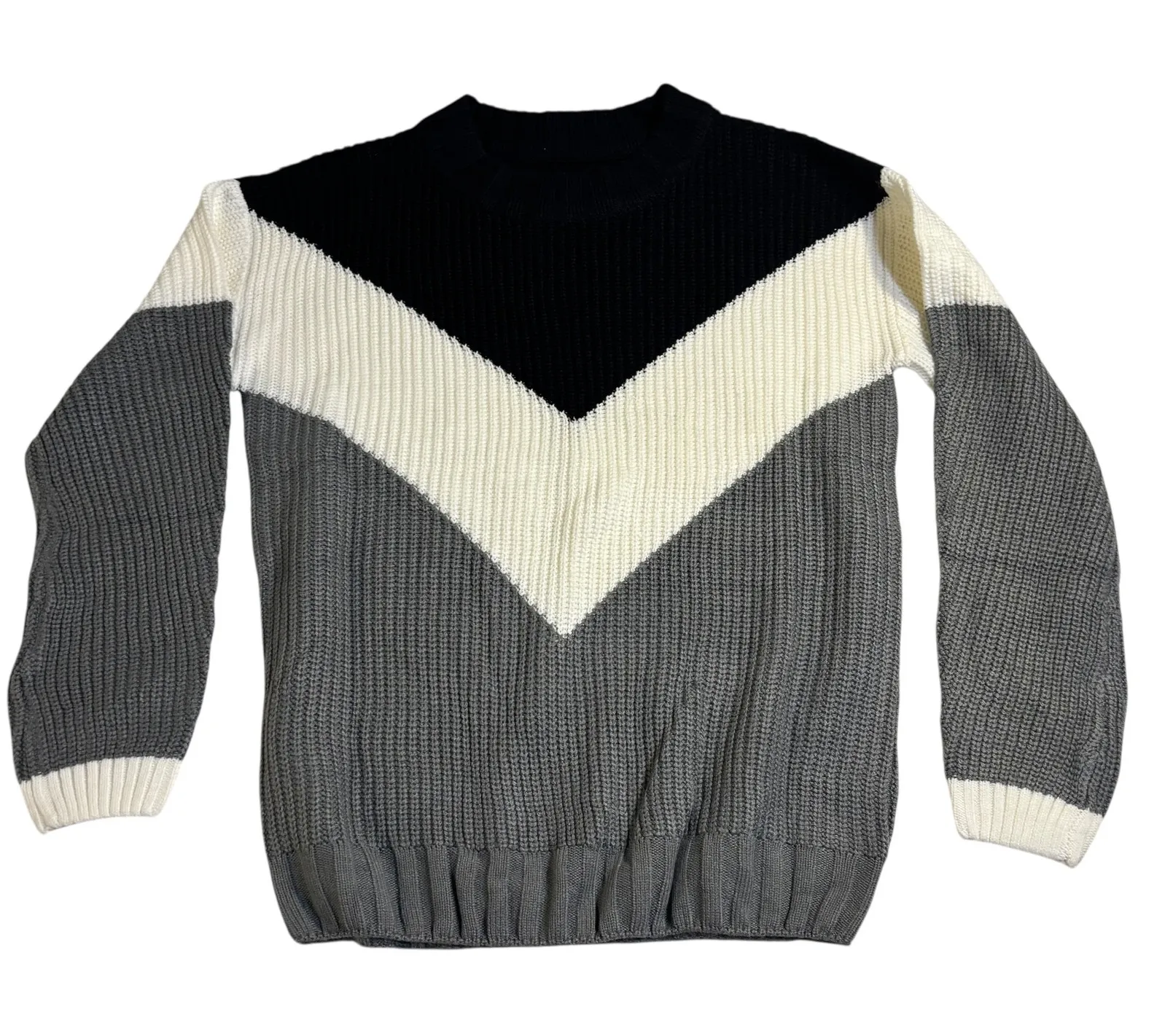 Chevron Knit Sweater Pullover Long Sleeve Color Block Winter Warm Top Small Gray - Image 1