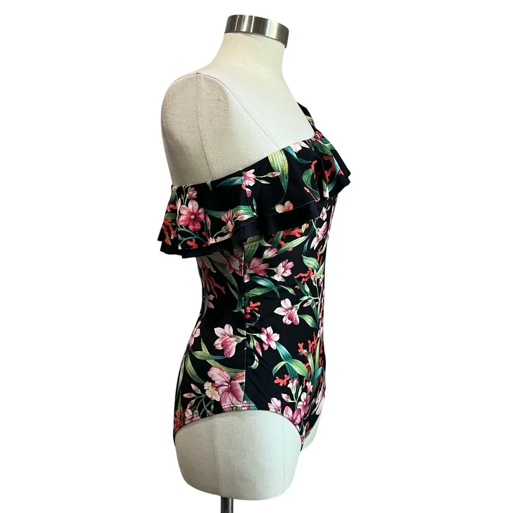 Carmen Marc Valvo ONe Shoulder Floral Print Ruffle One Piece Swimsuit Sz 12 - Image 3
