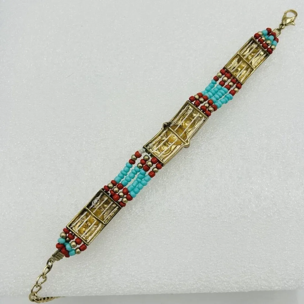 Ethnic Tibet Bracelet Faux Coral Faux Turquoise Gemstone Beaded Panels Gold - Image 5