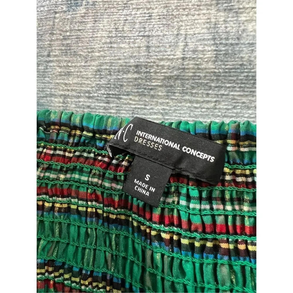 NWT! INC International Concepts Green Red Metallic Plaid Belted Midi Dress Small Green - Image 5