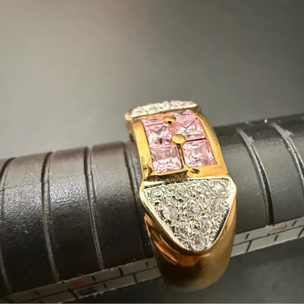 Vintage RF Peak 925 Gold Over Silver Six Row Pink CZ Clear Pave Ring Size 8 5g. - Image 9