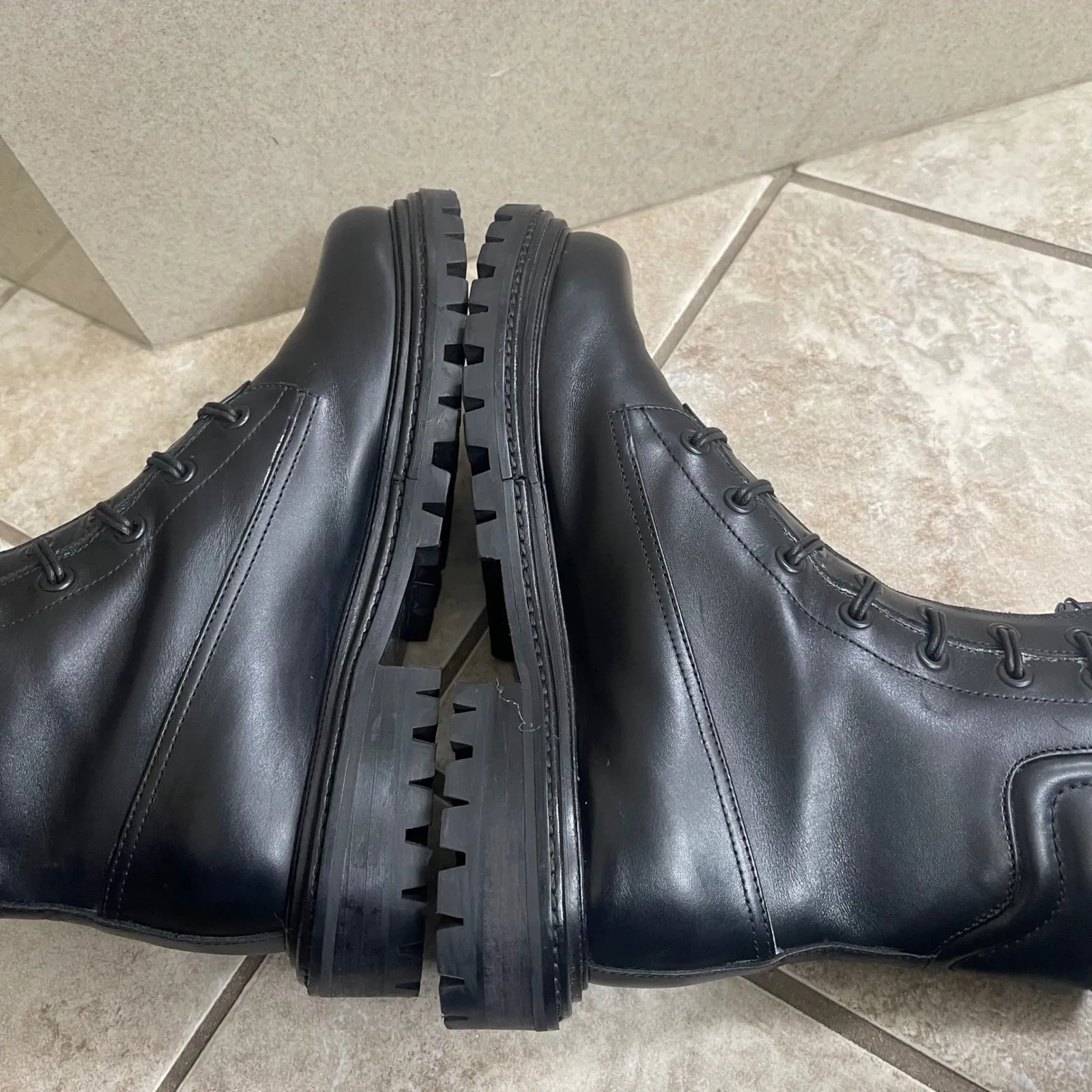 Aquazzura kicks Firenze Black Leather Combat Boots Lug Sole Women Size 6.5/36.5 - Image 9