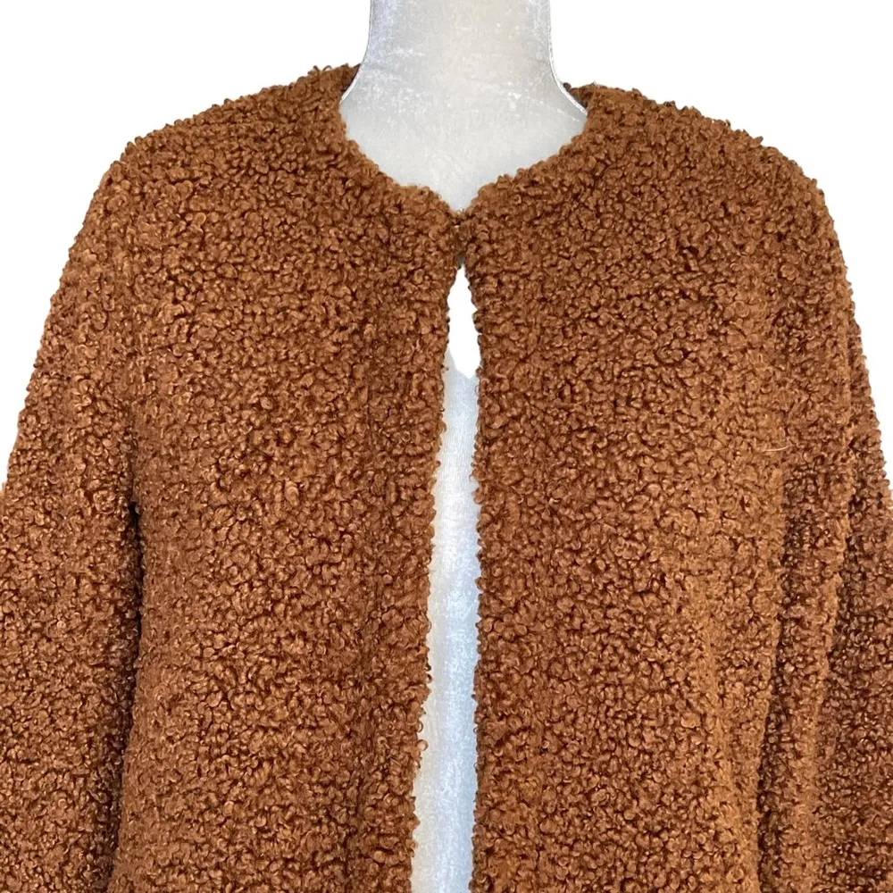 Max Studio Women’s Faux Fur Shearling Teddy Bear Coat Size S Brown Collarless - Image 2