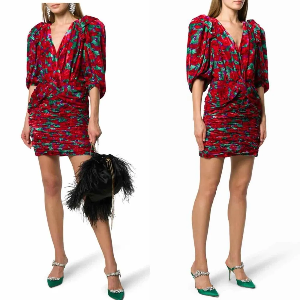 MAGDA BUTRYM Mundo Ruched Floral Velvet Mini Dress Red Multi Size US 6 - Image 10