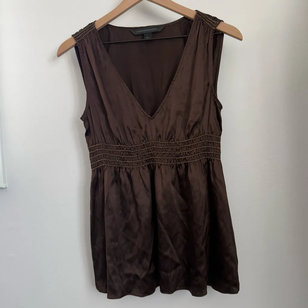 Express Y2K Small Silk Blouse Peplum Babydoll Office Goblin Cinch Waist Brown - Image 2