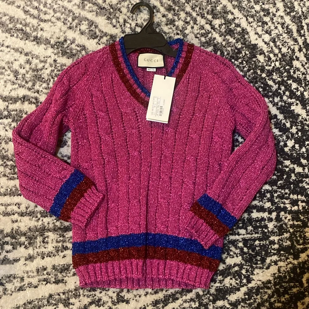 GUCCI Top Lame Cable & Rib Stitch Striped V-Neck Fucsia Sweater size S - Image 2