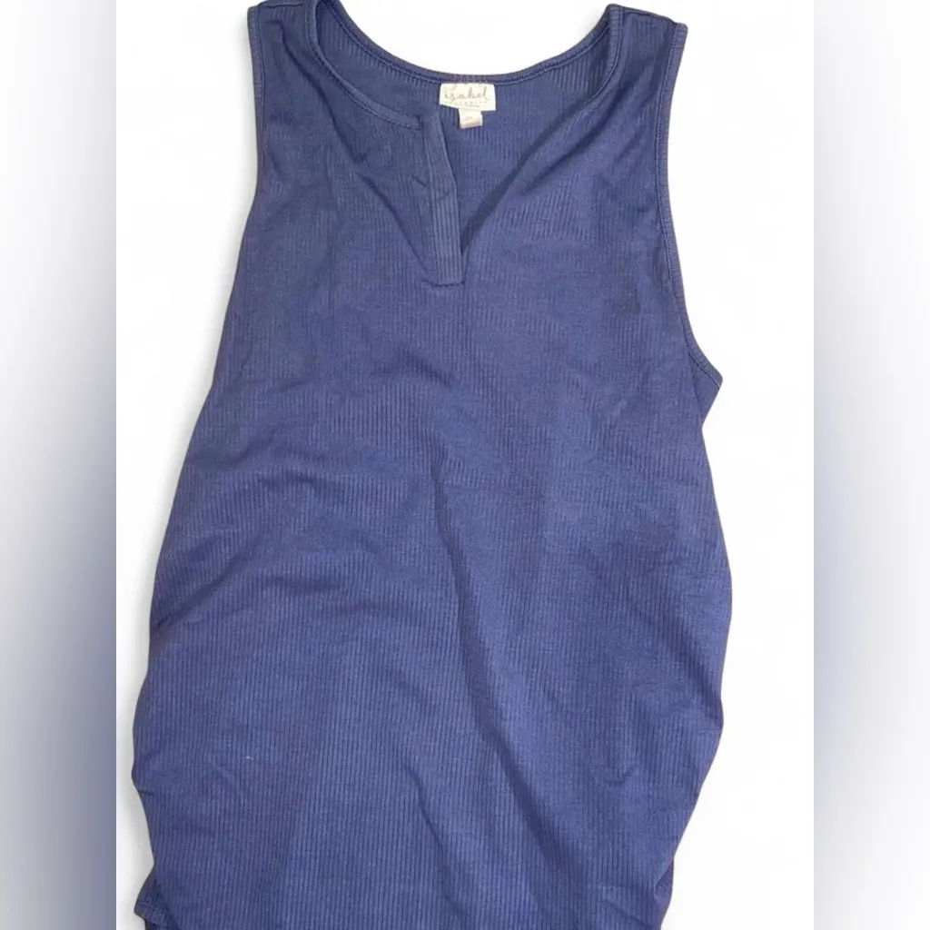 Isabel Maternity Blue Ribbed Split Neck Tank Top - Image 3
