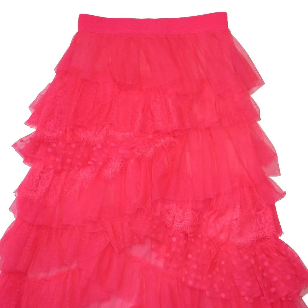 NWT by Anthropologie Ruffled Tulle Midi in Neon Pink Layered Skirt S - Image 7