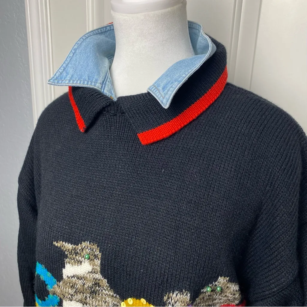 Vintage 90s Emanuel Donna collared sweater winter animals beaded sequins M Black Size M - Image 3