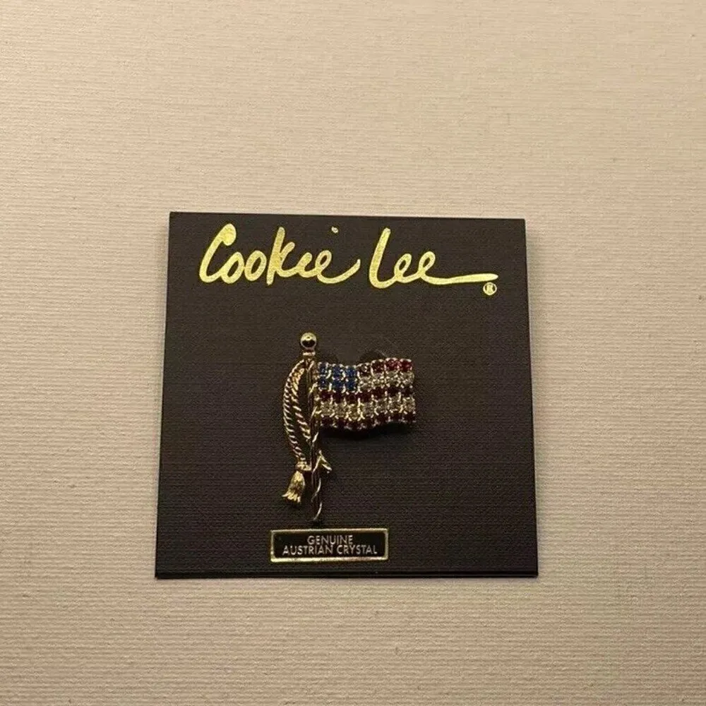 Vintage USA American Flag Rhinestone Red Blue Gold Tone Pin Brooch Cookie Lee - Image 7