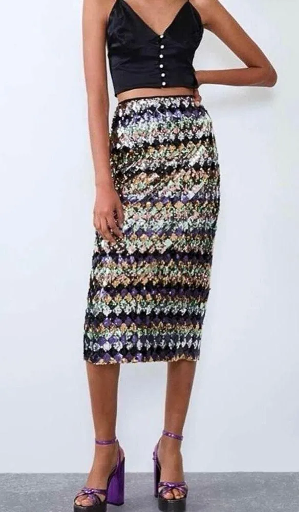 Zara Sequin Glitter Metallic Multicolor Striped Diamond Slit Midi Skirt Size M - Image 10