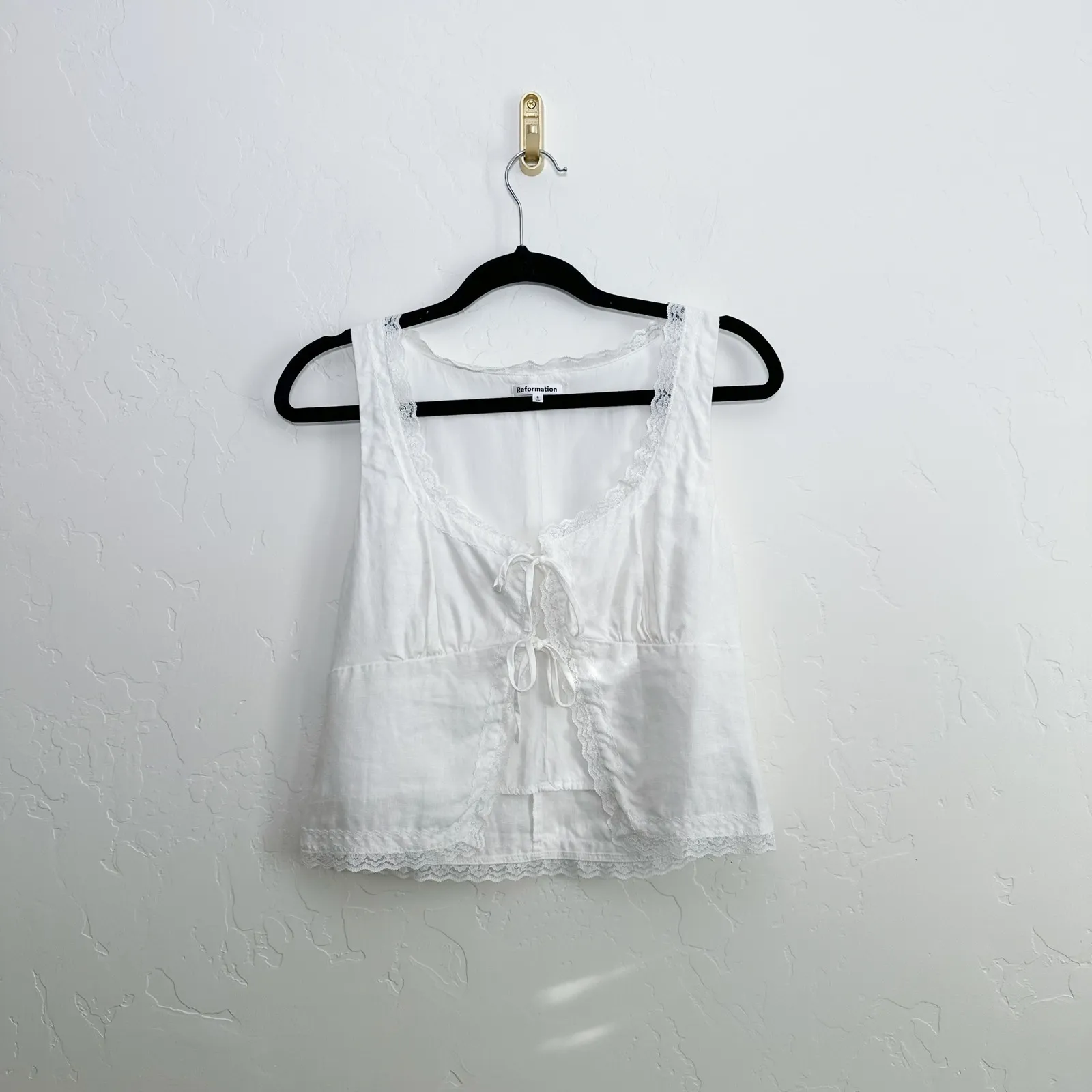 Reformation | Rosalie 100% Linen Floral Tie Top in White Size 6 - Image 7