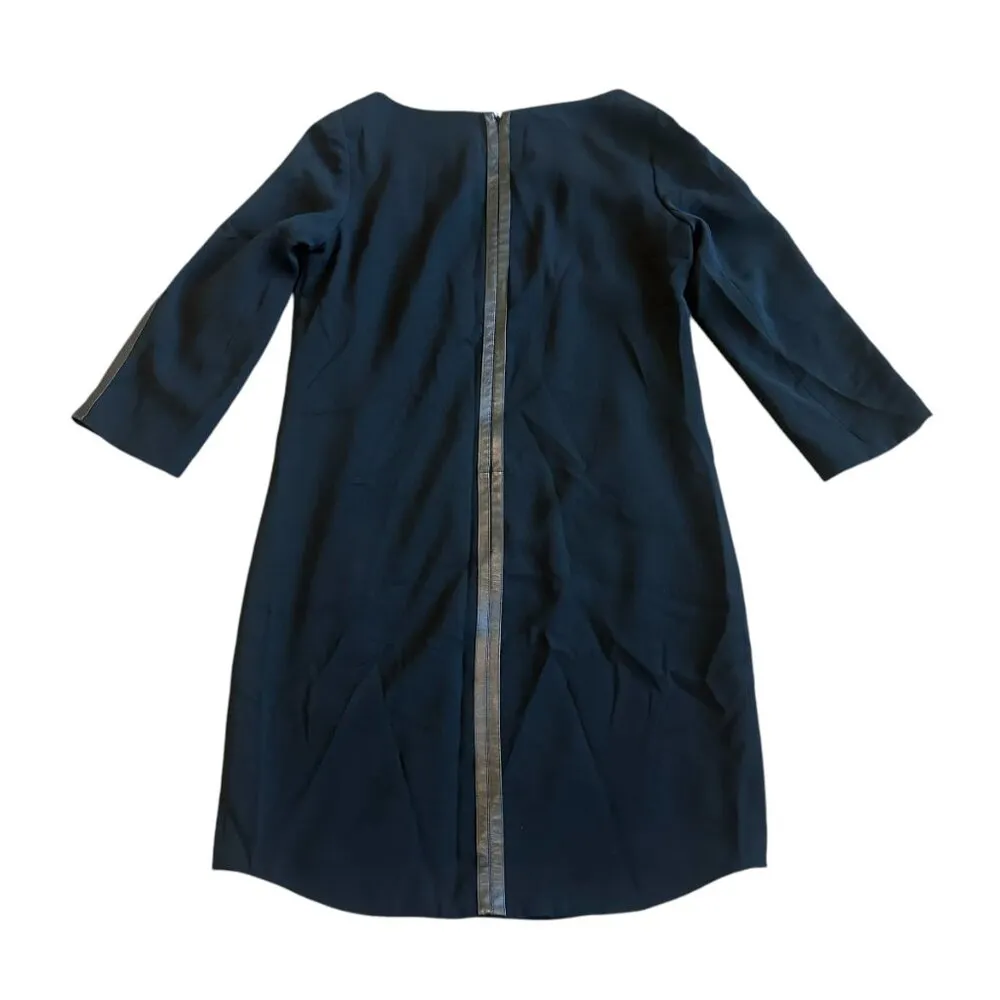Vince Black Shift Dress w/ Leather Trim Crew Neck 3/4 Sleeves Size 6 Women's - Image 7